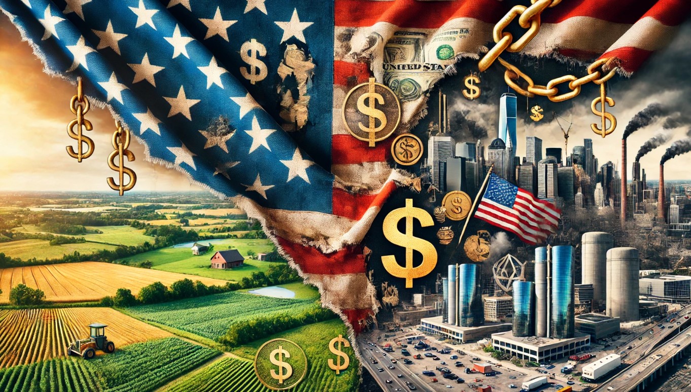 The United States flag stiched together with references of greed wealth and corruption. The flag could be tattered. Also a background transition from rich farmland, forest, nature to commercial construction, business and empty buildings.